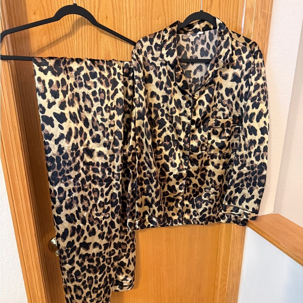 Leopard Print Button-Down Satin Pajamas